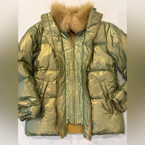 The Limited Down Puffer Liquid Green Gold Metallic Shimmer Jacket Fur Hood - Picture 10 of 16
